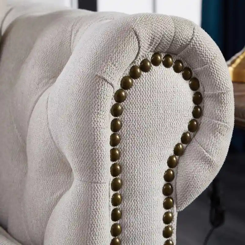 Tufted Rolled Arm Linen 3-Seater Sofa with Nailhead Trim Beige / Light Grey