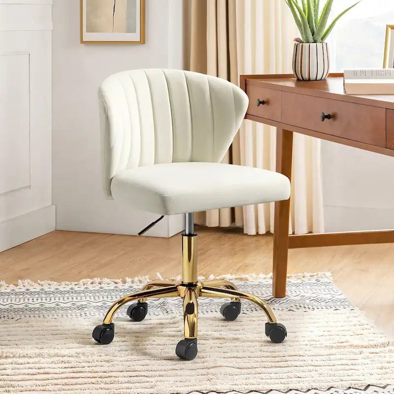 Velvet Wingback Armless Office Task Chair with Channel Tufted Back and Gold Base