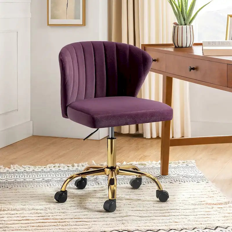 Velvet Wingback Armless Office Task Chair with Channel Tufted Back and Gold Base