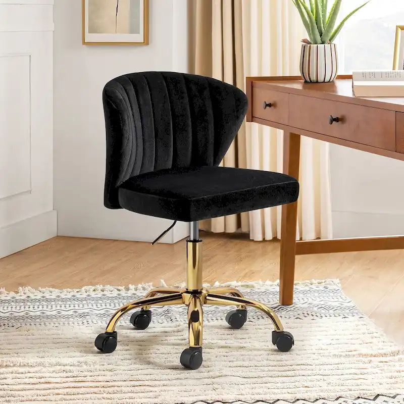 Velvet Wingback Armless Office Task Chair with Channel Tufted Back and Gold Base