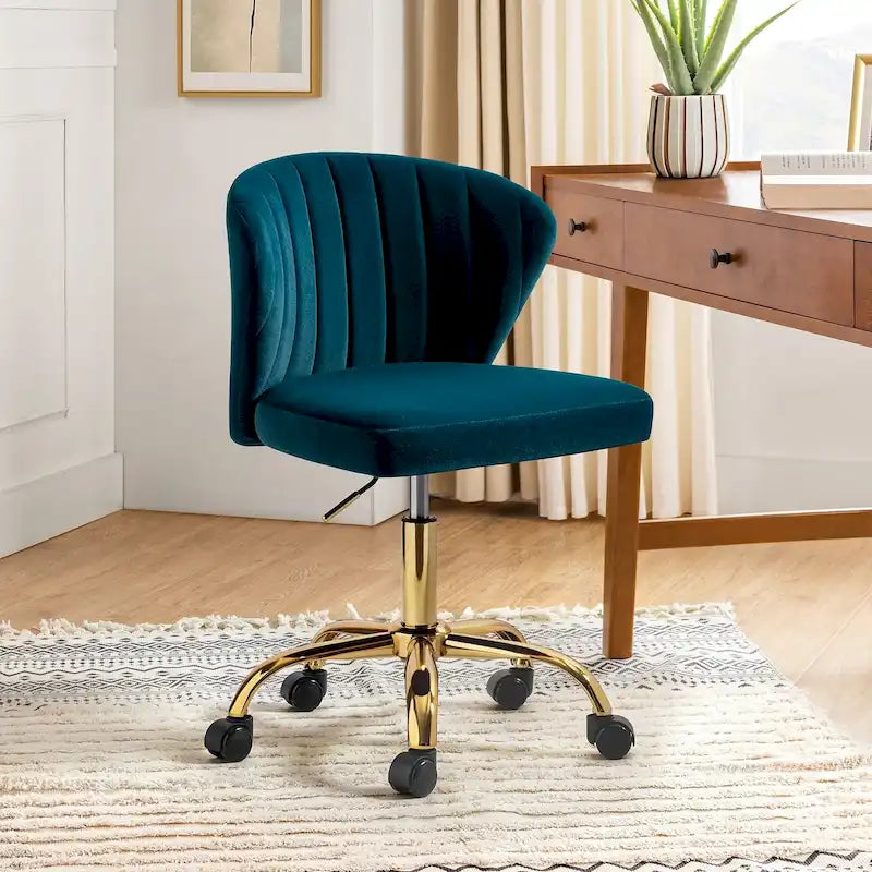 Velvet Wingback Armless Office Task Chair with Channel Tufted Back and Gold Base
