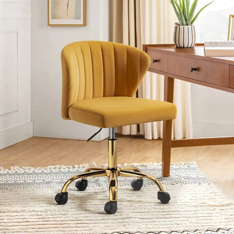 Velvet Wingback Armless Office Task Chair with Channel Tufted Back and Gold Base