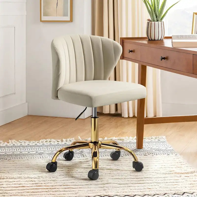 Velvet Wingback Armless Office Task Chair with Channel Tufted Back and Gold Base