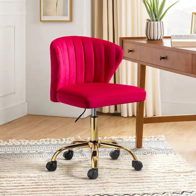 Velvet Wingback Armless Office Task Chair with Channel Tufted Back and Gold Base