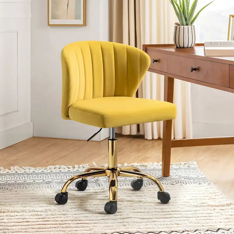 Velvet Wingback Armless Office Task Chair with Channel Tufted Back and Gold Base