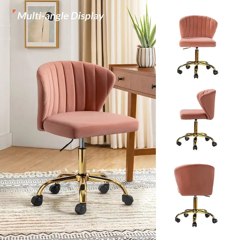 Velvet Wingback Armless Office Task Chair with Channel Tufted Back and Gold Base