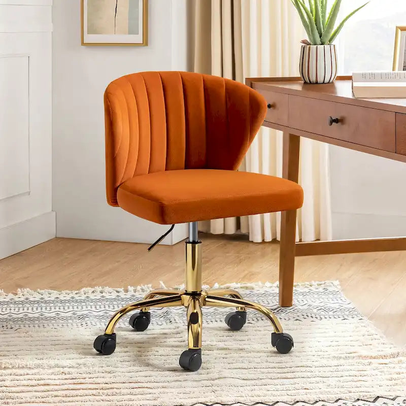 Velvet Wingback Armless Office Task Chair with Channel Tufted Back and Gold Base