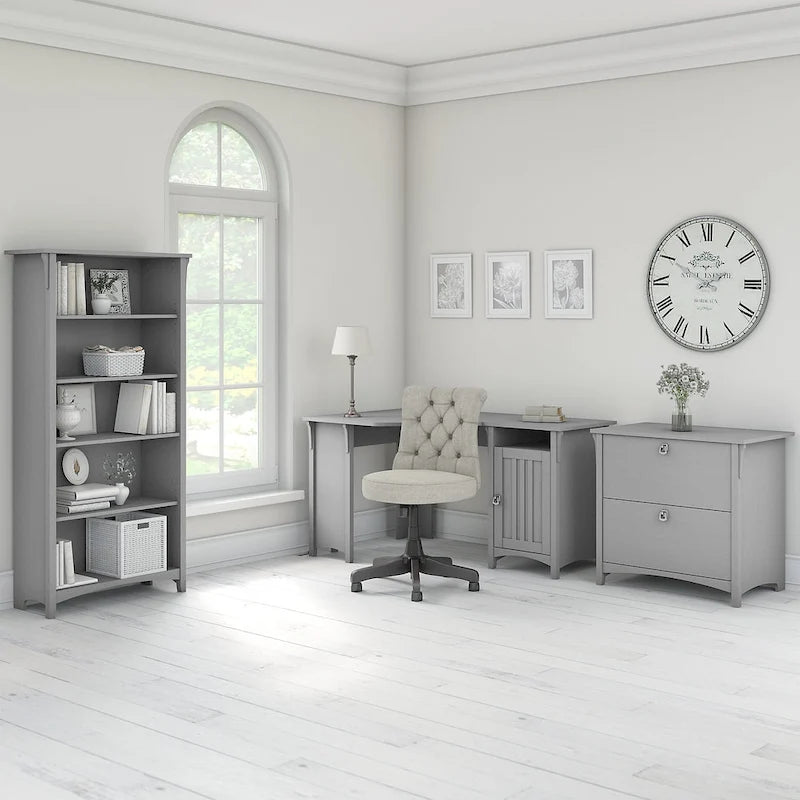 Scrivania angolare da 55" con armadietto contenitore, stile Mission, bianco antico, grigio e nero