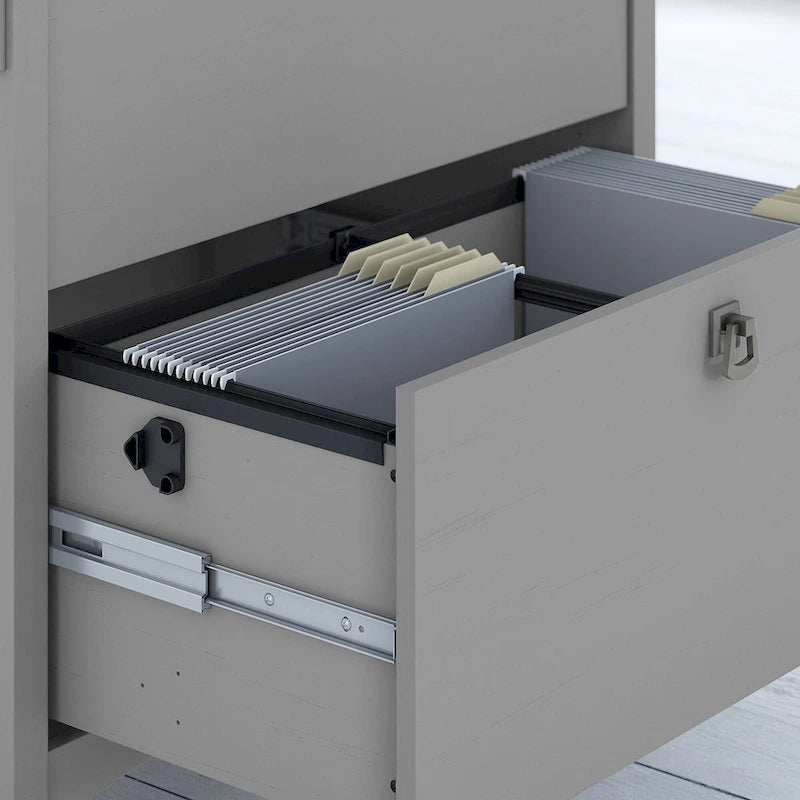 Scrivania angolare da 55" con armadietto contenitore, stile Mission, bianco antico, grigio e nero