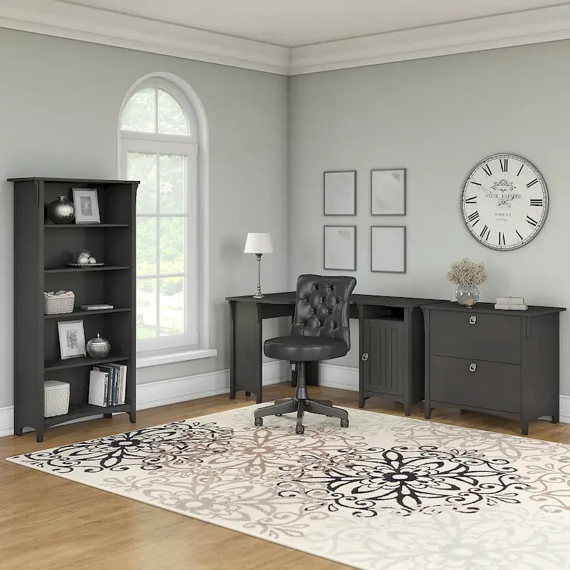 Scrivania angolare da 55" con armadietto contenitore, stile Mission, bianco antico, grigio e nero