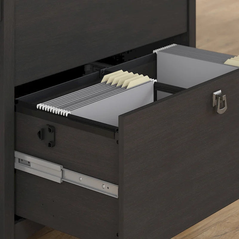 Scrivania angolare da 55" con armadietto contenitore, stile Mission, bianco antico, grigio e nero