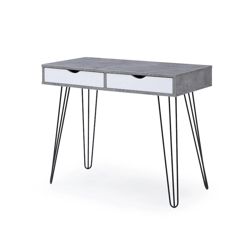 Grey Mid-Century Modern Writing Desk with 2 Drawers and Black Hairpin Legs