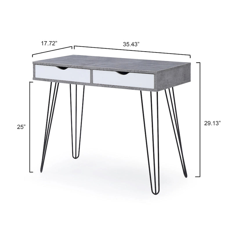 Grey Mid-Century Modern Writing Desk with 2 Drawers and Black Hairpin Legs