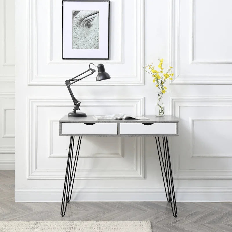 Grey Mid-Century Modern Writing Desk with 2 Drawers and Black Hairpin Legs