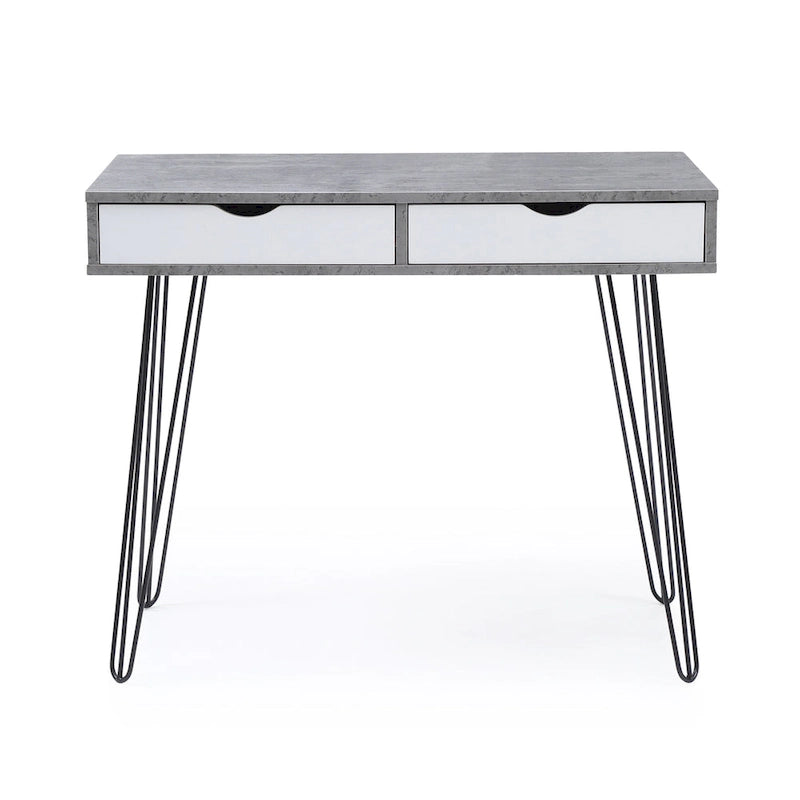 Grey Mid-Century Modern Writing Desk with 2 Drawers and Black Hairpin Legs