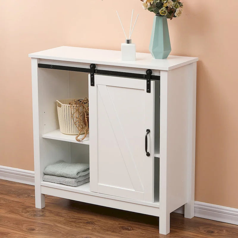 White Farmhouse Bathroom Storage Cabinet with Sliding Barn Door