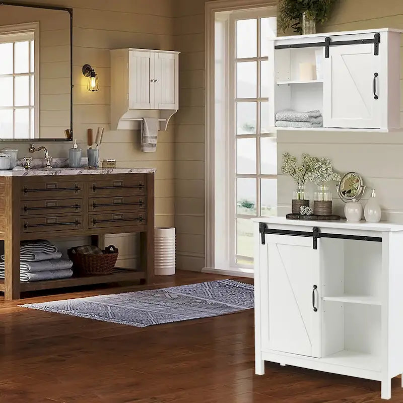 White Farmhouse Bathroom Storage Cabinet with Sliding Barn Door