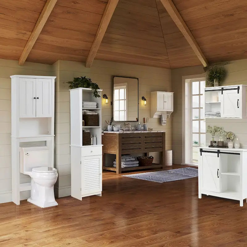 White Farmhouse Bathroom Storage Cabinet with Sliding Barn Door