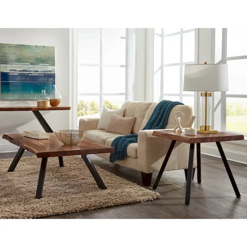 Live Edge Rectangular Coffee Table Natural Acacia Wood Black Iron Legs