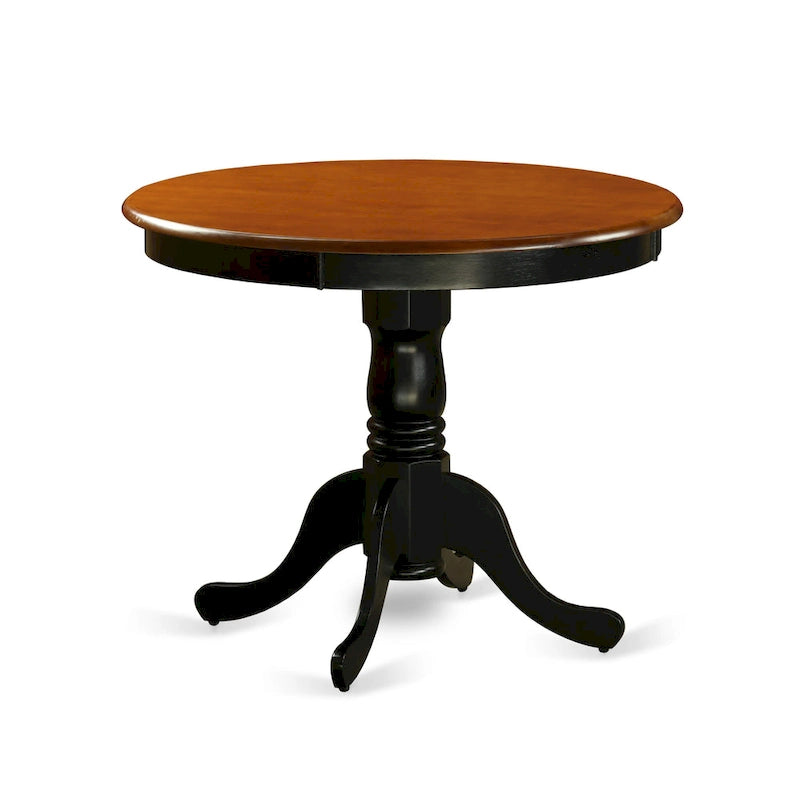 Tavolo da pranzo rotondo con piedistallo in legno massello e base tornita, color ciliegio nero e cappuccino