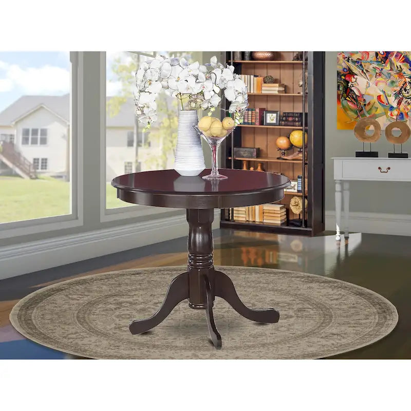 Round Pedestal Solid Wood Dining Table with Turned Base, Black Cherry & Cappuccino