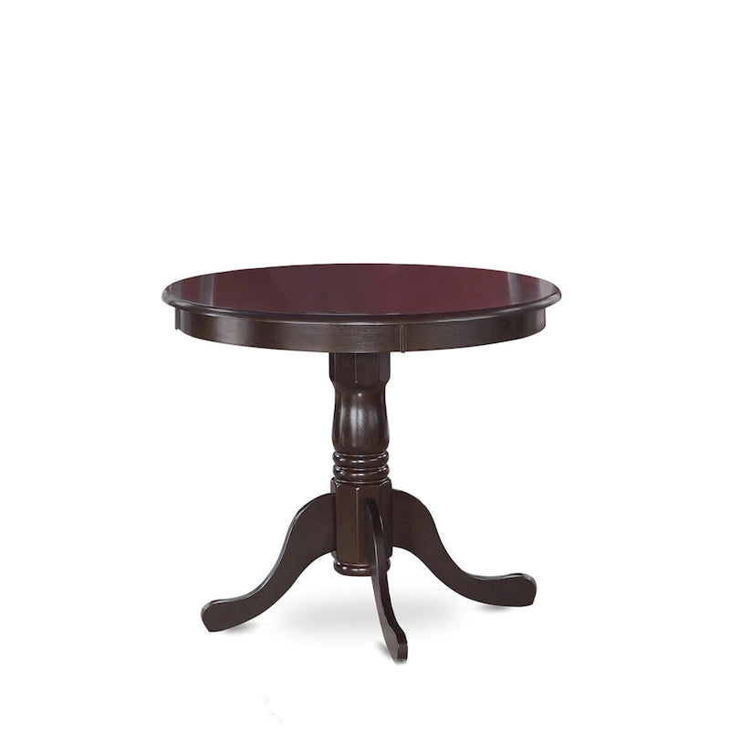 Tavolo da pranzo rotondo con piedistallo in legno massello e base tornita, color ciliegio nero e cappuccino