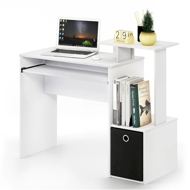 Compact Home Office Desk with Keyboard Tray, Upper Shelf and Fabric Storage Bin