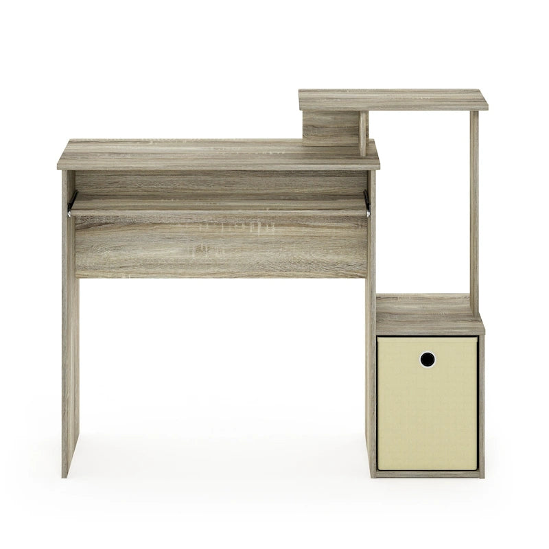 Compact Home Office Desk with Keyboard Tray, Upper Shelf and Fabric Storage Bin