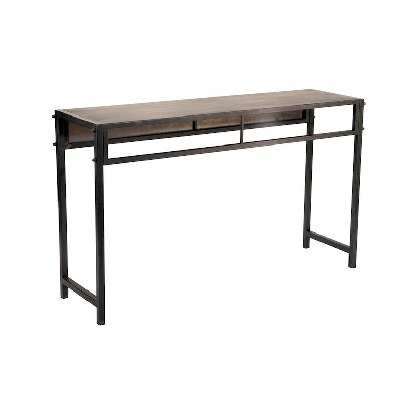 Rustic Bronze Metal Console Table with Aged Wood Top and Square Legs