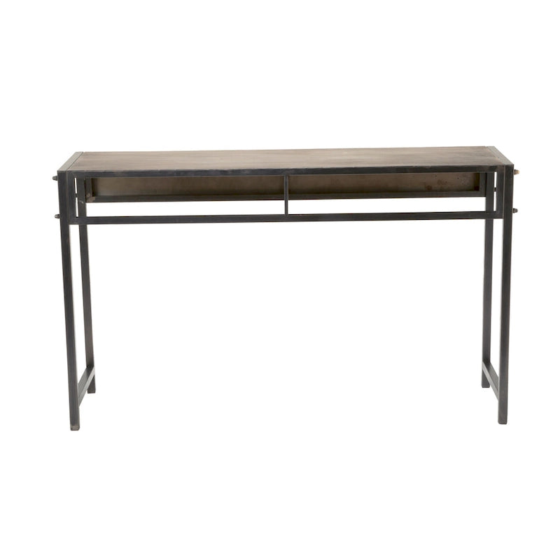 Rustic Bronze Metal Console Table with Aged Wood Top and Square Legs