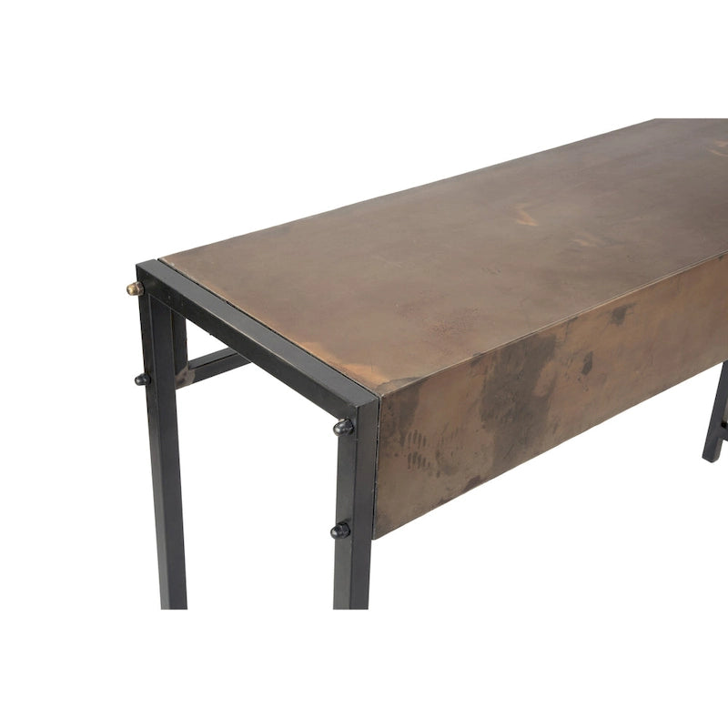Rustic Bronze Metal Console Table with Aged Wood Top and Square Legs