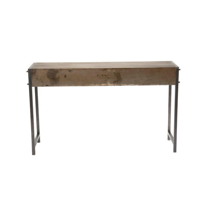 Rustic Bronze Metal Console Table with Aged Wood Top and Square Legs