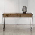 Rustic Bronze Metal Console Table with Aged Wood Top and Square Legs