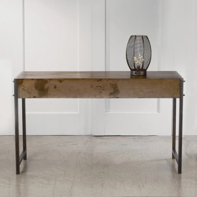 Rustic Bronze Metal Console Table with Aged Wood Top and Square Legs