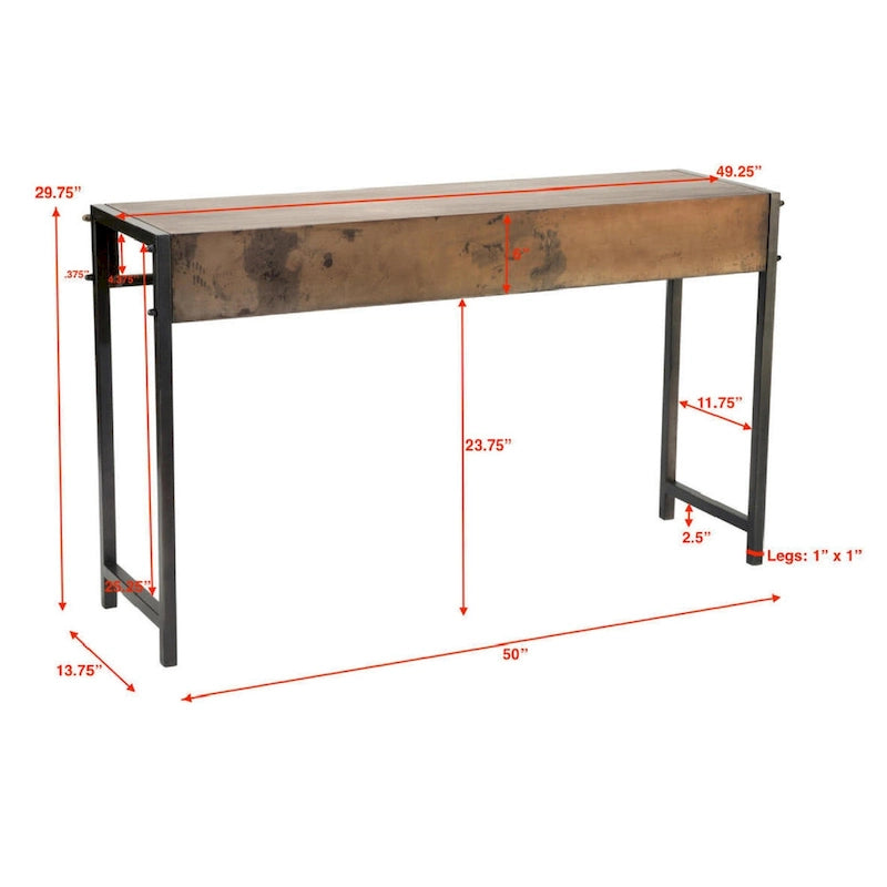 Rustic Bronze Metal Console Table with Aged Wood Top and Square Legs