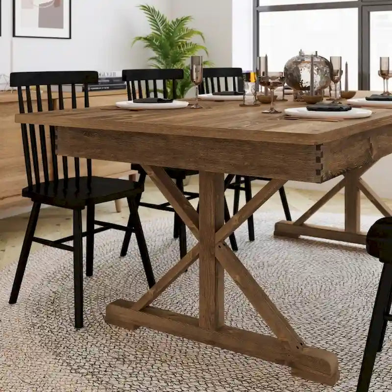 Antique Rustic Solid Pine Rectangular Folding Dining Table with X-Legs