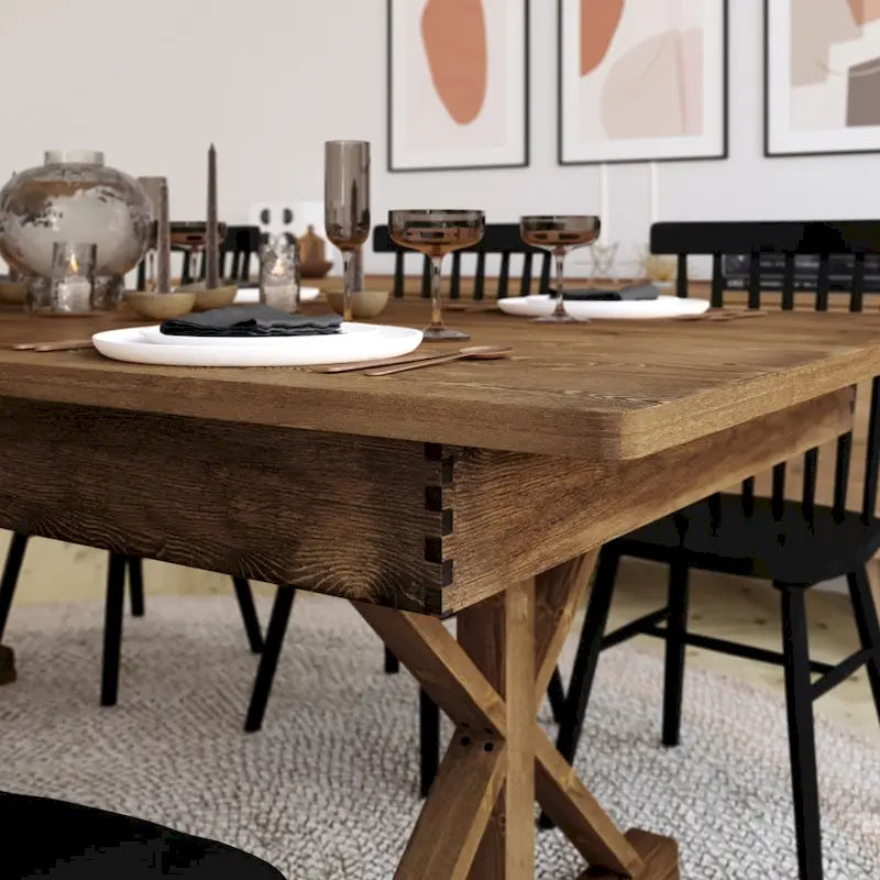 Antique Rustic Solid Pine Rectangular Folding Dining Table with X-Legs