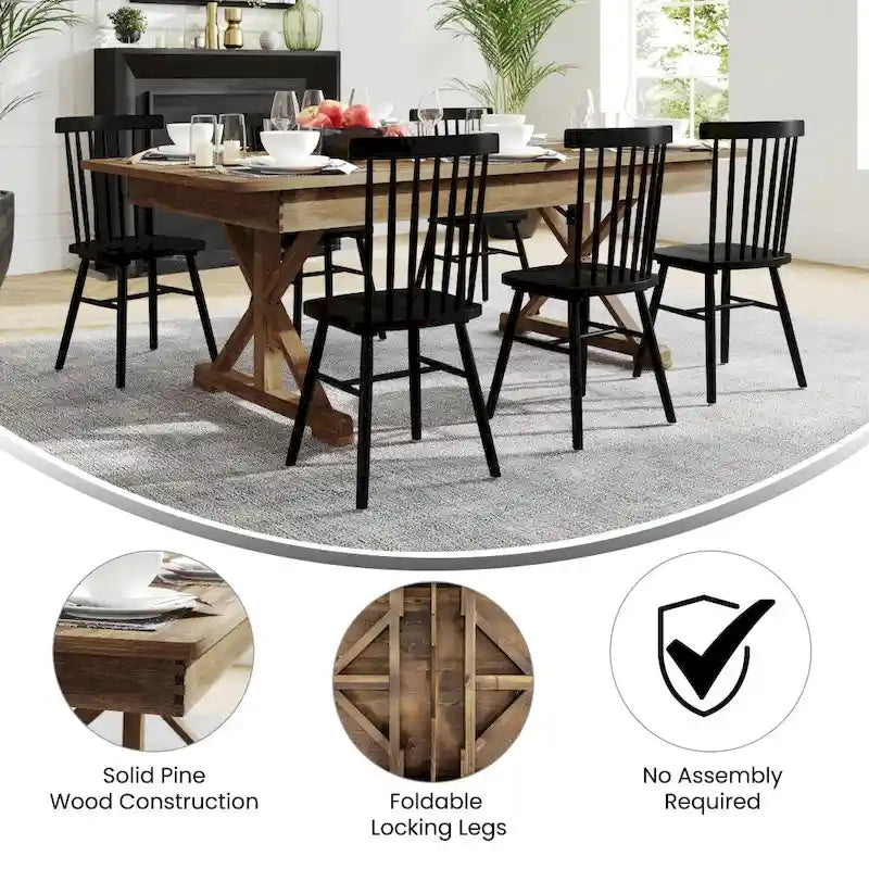Antique Rustic Solid Pine Rectangular Folding Dining Table with X-Legs