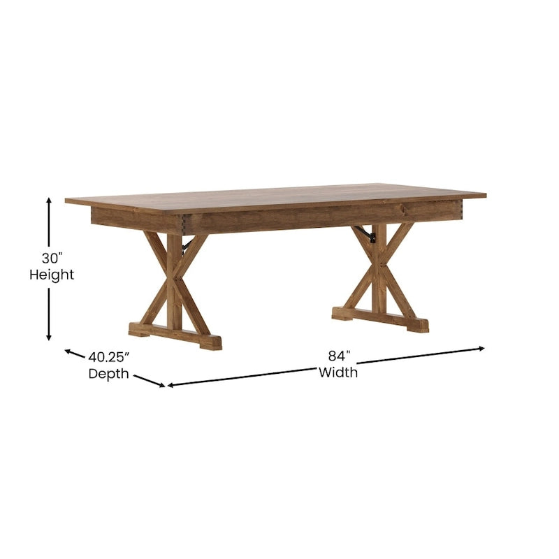 Antique Rustic Solid Pine Rectangular Folding Dining Table with X-Legs