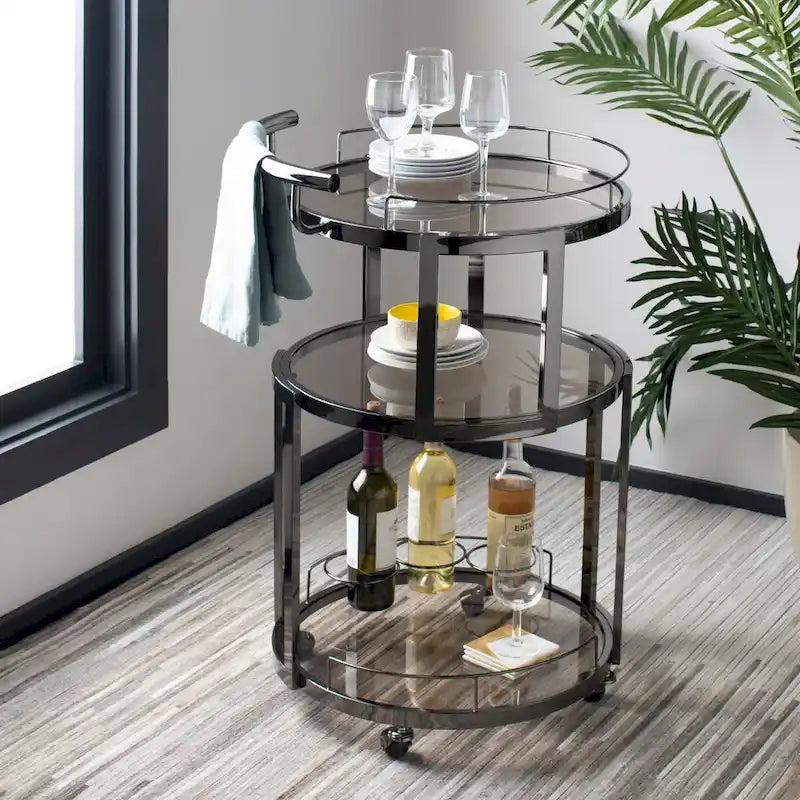 3-Tier Round Bar Cart with Wine Rack Gold Tea Glass Shelves Rolling