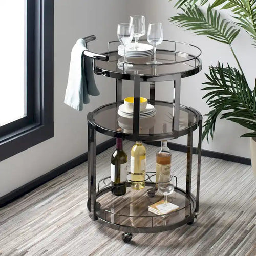 3-Tier Round Bar Cart with Wine Rack Gold Tea Glass Shelves Rolling