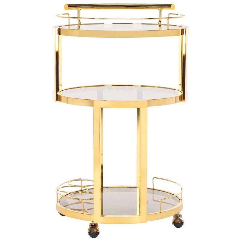 3-Tier Round Bar Cart with Wine Rack Gold Tea Glass Shelves Rolling