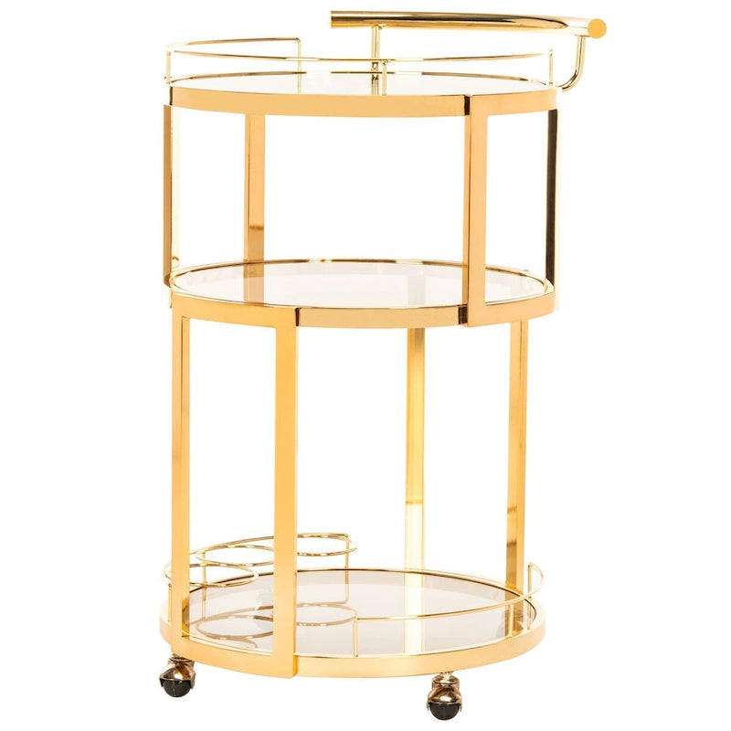 3-Tier Round Bar Cart with Wine Rack Gold Tea Glass Shelves Rolling