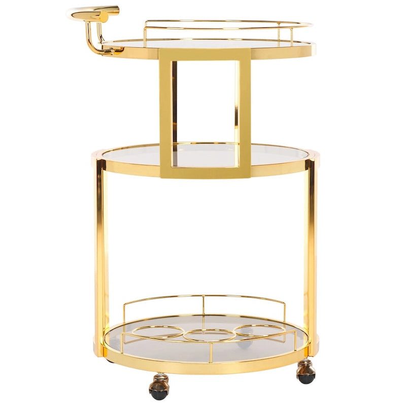 3-Tier Round Bar Cart with Wine Rack Gold Tea Glass Shelves Rolling