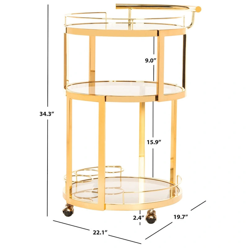 3-Tier Round Bar Cart with Wine Rack Gold Tea Glass Shelves Rolling