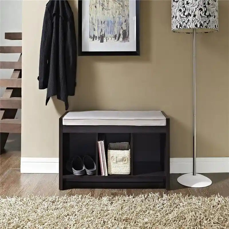 Entryway Storage Bench with Cushion and Open Cubbies Espresso