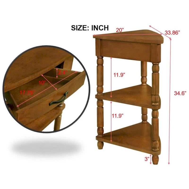 Dreieckiger Beistelltisch für die Ecke mit Schublade und zwei Ablagen aus Holz mit Used-Optik