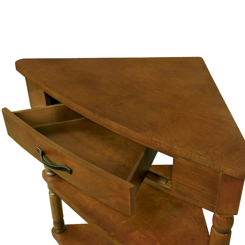 Dreieckiger Beistelltisch für die Ecke mit Schublade und zwei Ablagen aus Holz mit Used-Optik