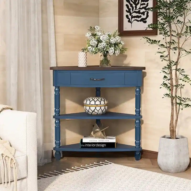Dreieckiger Beistelltisch für die Ecke mit Schublade und zwei Ablagen aus Holz mit Used-Optik
