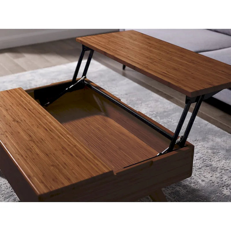 Mid-Century Solid Bamboo Lift Top Coffee Table with Hidden Storage, Amber